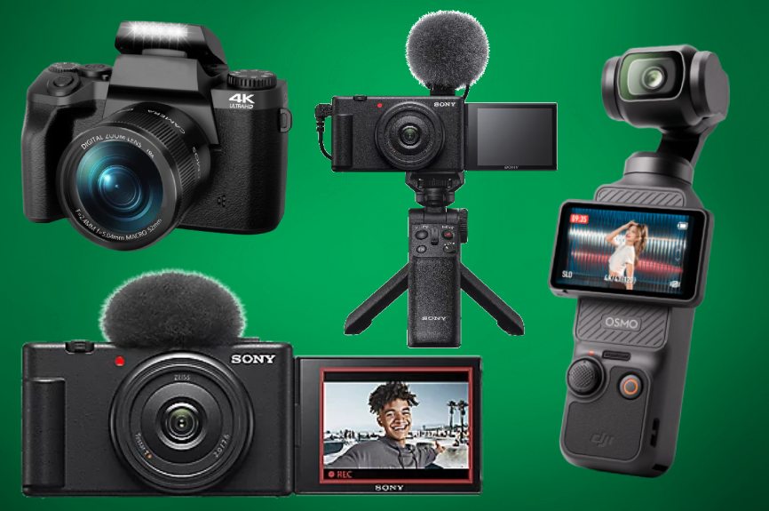 Beste vlog cameras op een groene achtergrond.