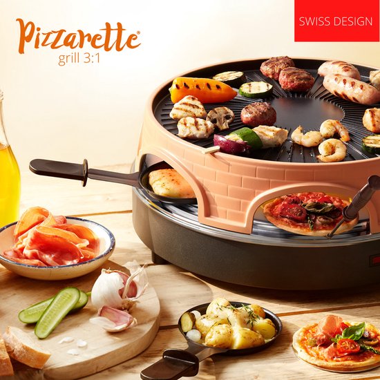 Emerio PO-113255.4 - Pizzarette 3-IN-1 - 6 Persoons - Pizzarette, Zwitserse Raclette en Grill - Geïsoleerde bak spatels - 6 pannetjes